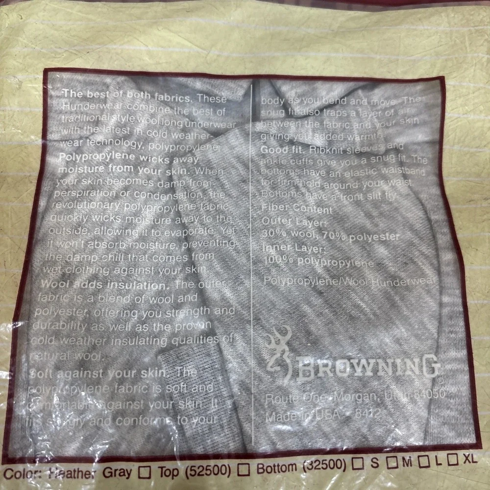 Browning Vintage Base Layer Hunting Wool/Poly Long Sleeve Shirt Men's Med Grey